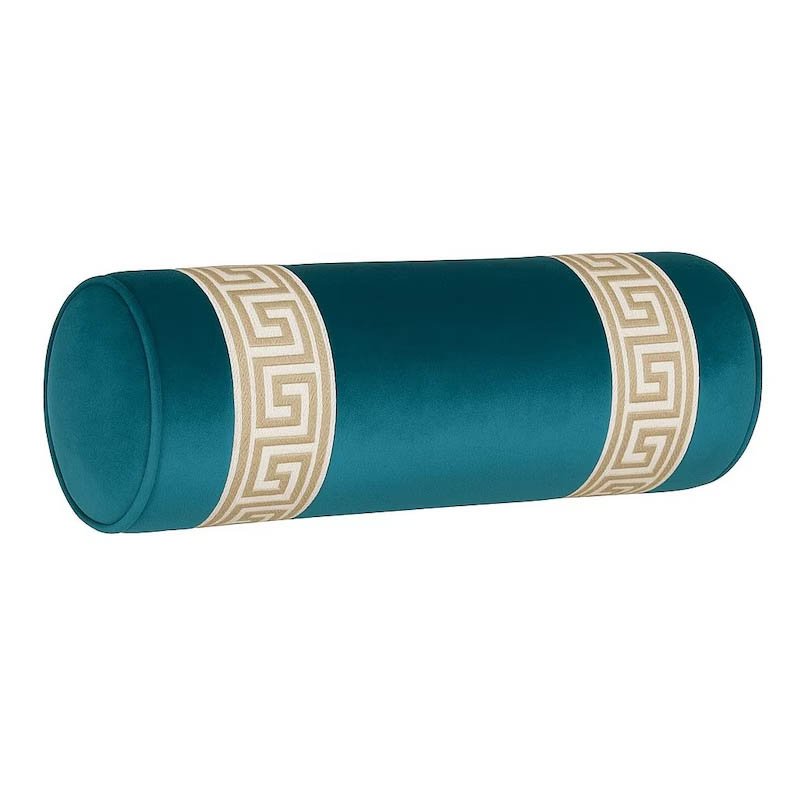 Designer Pillow cover teal peacock Beige beige Key trim tape lumbar bolster throw custom Piping high end decorative chinoiserie sky
