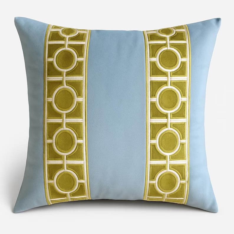 Designer Pillow cover trim citrine lime trim tape velvet Cover light blue lumbar bolster throw custom Piping high end decorative