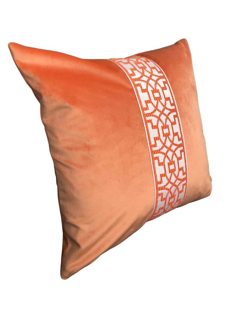 Designer Pillow cover trim tape peach velvet Cover orange fretwork lumbar bolster throw custom Piping high end decorative chinoiserie