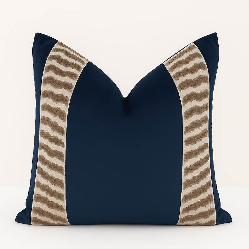 Designer Pillow cover trim tape taupe Fawn velvet Cover zebra trim navy blue fabri lumbar bolster throw custom Piping high end decorative