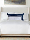 Designer long pillow cover white Linen Cover Greek key navy trim blue lumbar throw custom Piping high end decorative fretwork king queen sz