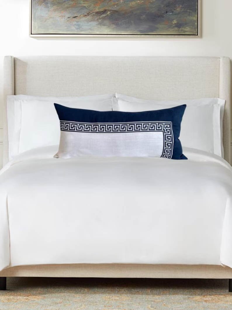 Designer long pillow cover white Linen Cover Greek key navy trim blue lumbar throw custom Piping high end decorative fretwork king queen sz