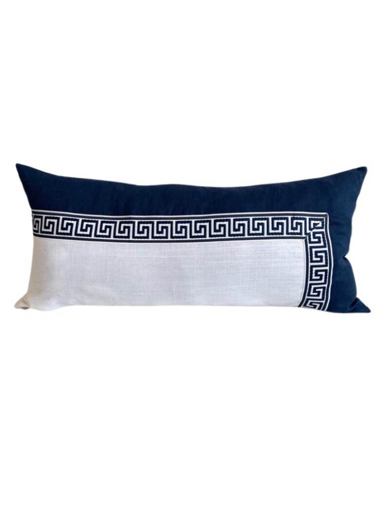 Designer long pillow cover white Linen Cover Greek key navy trim blue lumbar throw custom Piping high end decorative fretwork king queen sz