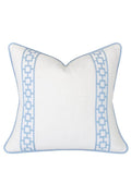 Designer off white linen Pillow cover light blue trim tape fretwork lumbar bolster throw Piping decorative chinoiserie USA Made