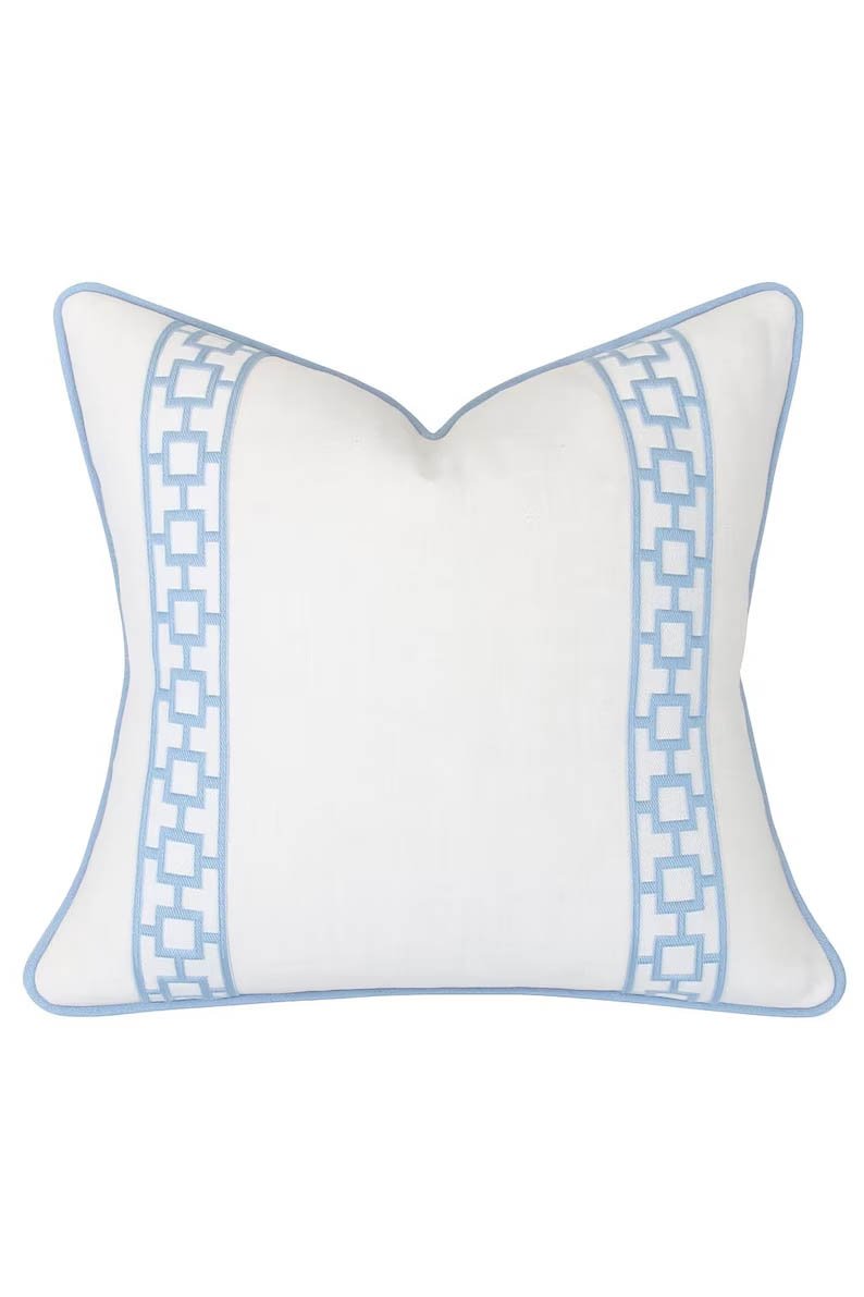 Designer off white linen Pillow cover light blue trim tape fretwork lumbar bolster throw Piping decorative chinoiserie USA Made