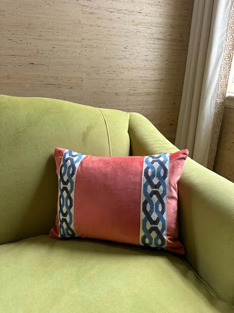 Designer pillow cover burn orange soft velvet navy French blue trim tape lumbar throw custom Piping decorative pillow bed chinoiserie lumbar