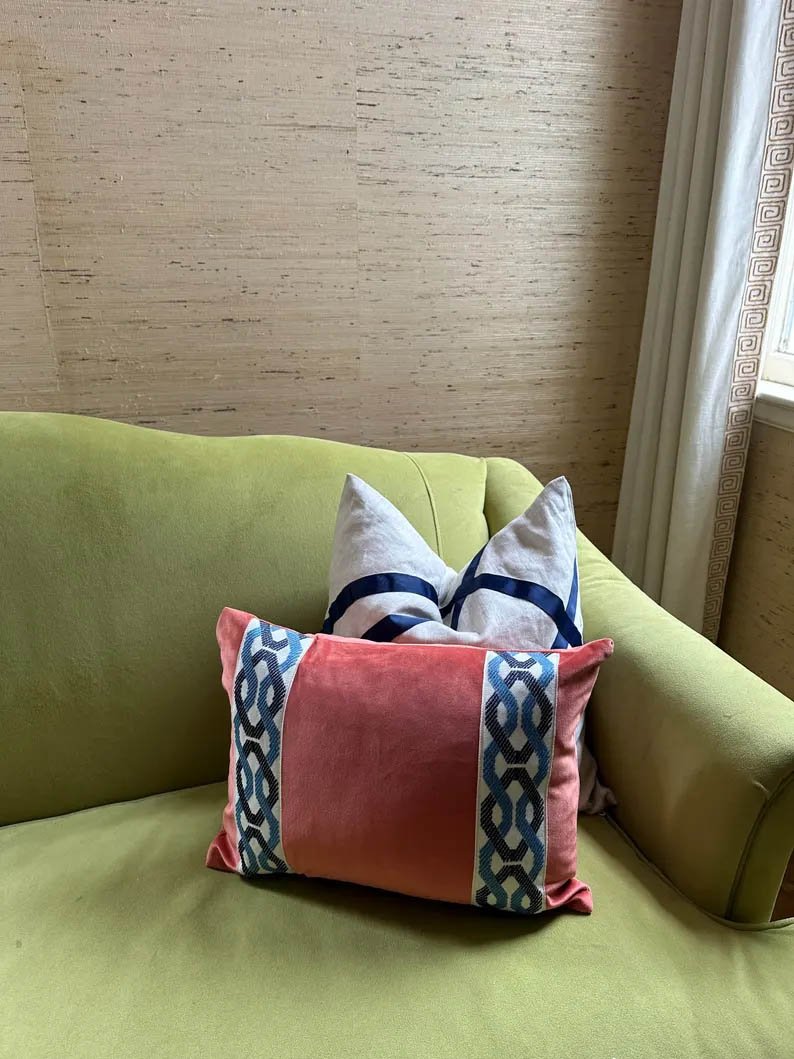 Designer pillow cover burn orange soft velvet navy French blue trim tape lumbar throw custom Piping decorative pillow bed chinoiserie lumbar