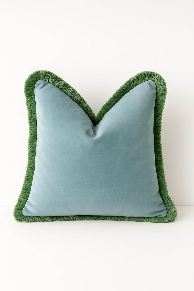 Fringe Velvet Pillow Cover – Light Blue with Sage Green Trim Lumbar or Bolster Cover Chinoiserie Decor High-End Decorative Throw