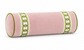 Blush Pink Velvet Round Bolster Pillow with Apple Green Geometric Trim