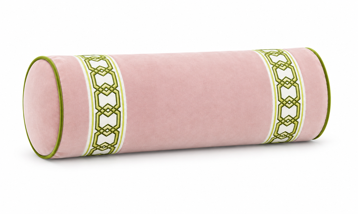 Blush Pink Velvet Round Bolster Pillow with Apple Green Geometric Trim