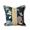Designer Robert Allen Chinoiserie Bird Cotton Pillow Cover with Fret Velvet trim and citrine Piping and lumbars