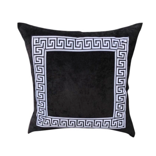 Designer Velvet Pillow Cover Black White Greek key ribbon trim