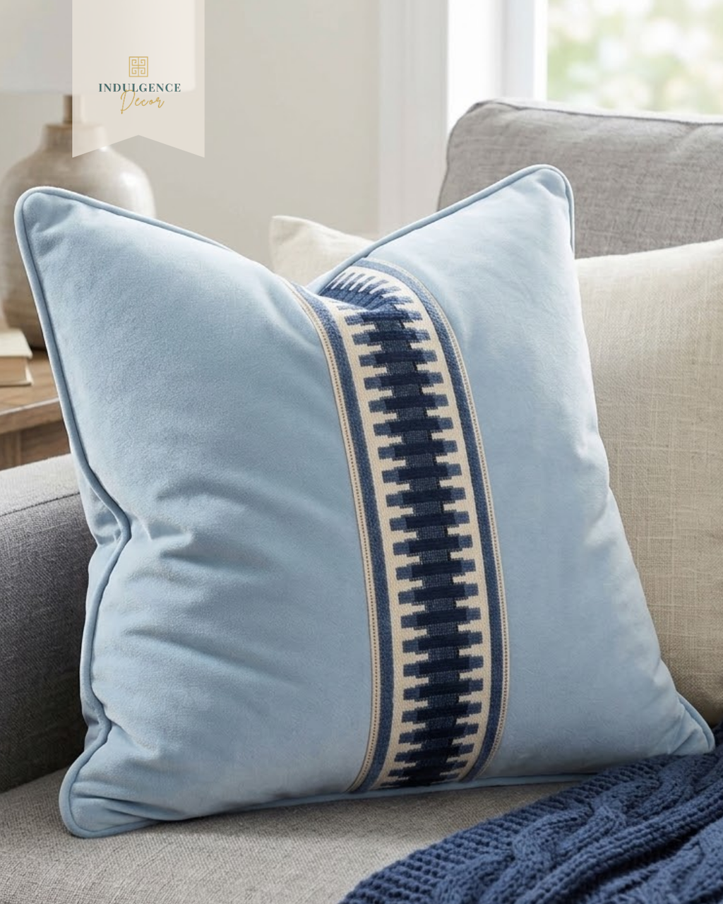 Light Blue Velvet Pillow Cover with Navy Fret Trim
