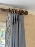 Linen Pinch Pleat drapes Frost blue with trim tape curtains French pleated fretwork blue Aqua trimming lining privacy 25” x 96” in stock