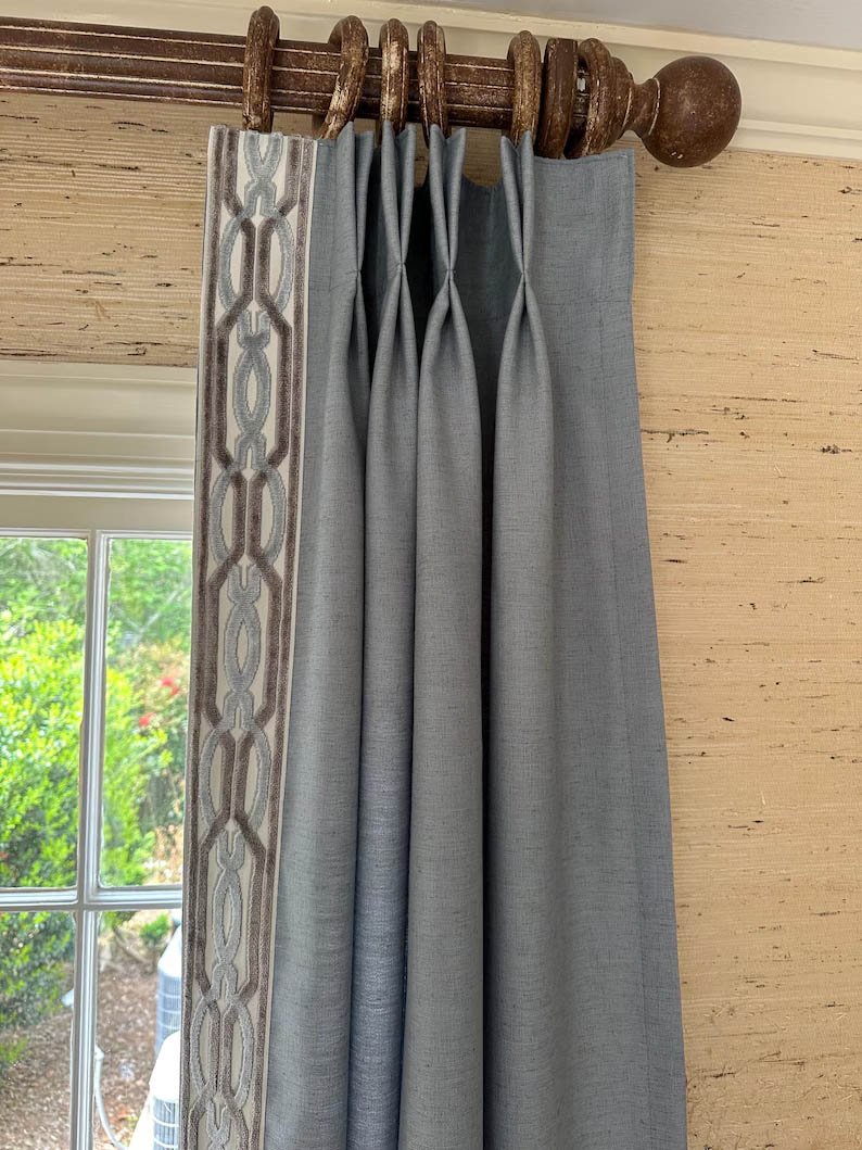 Linen Pinch Pleat drapes Frost blue with trim tape curtains French pleated fretwork blue Aqua trimming lining privacy 25” x 96” in stock
