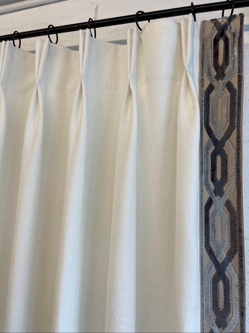 Linen Pinch Pleat drapes off white with trim tape curtains French pleated fretwork grey charcoal trimming lining blackout 36” x 84” in stock