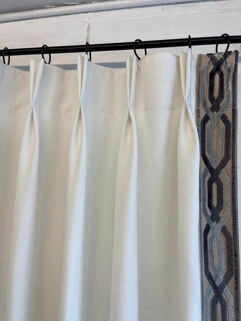 Linen Pinch Pleat drapes off white with trim tape curtains French pleated fretwork grey charcoal trimming lining blackout 36” x 84” in stock