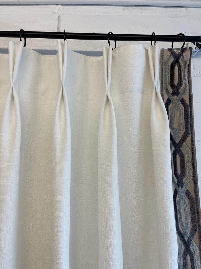 Linen Pinch Pleat drapes off white with trim tape curtains French pleated fretwork grey charcoal trimming lining blackout 36” x 84” in stock