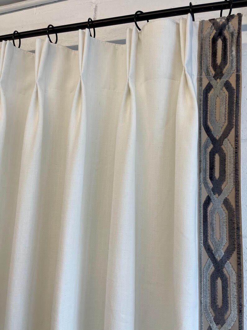 Linen Pinch Pleat drapes off white with trim tape curtains French pleated fretwork grey charcoal trimming lining blackout 36” x 84” in stock