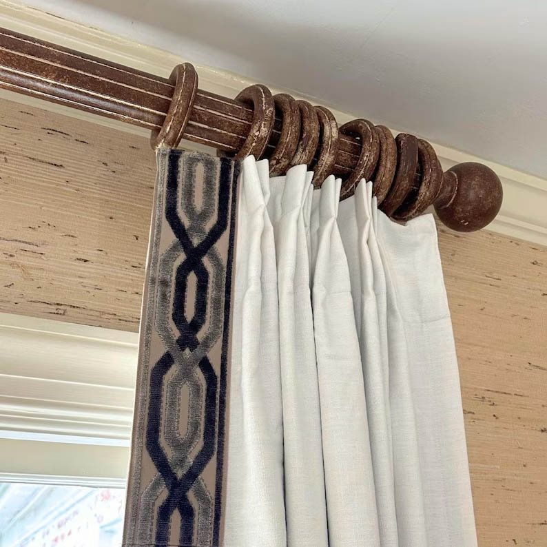 Linen Pinch Pleat drapes off white with trim tape curtains French pleated fretwork grey charcoal trimming lining blackout 36” x 84” in stock
