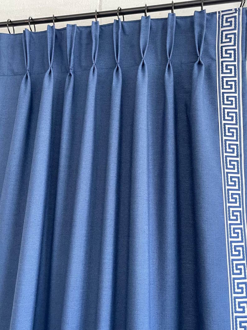 Linen Pinch Pleat drapes with trim tape many fabric colors curtains French pleated fretwork Greek key trimming lining blackout privacy navy
