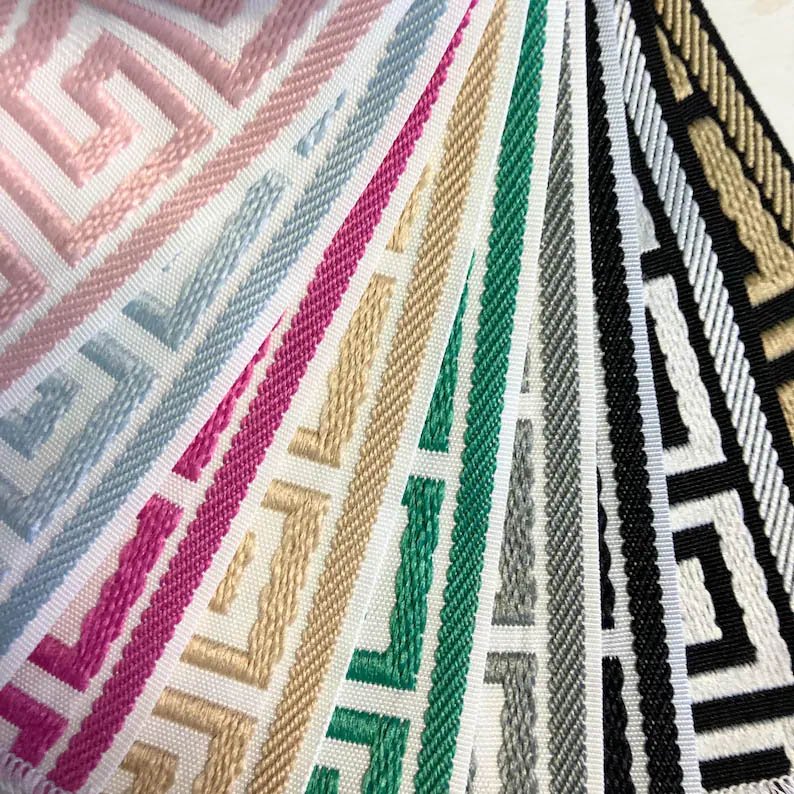 Linen Pinch Pleat drapes with trim tape many fabric colors curtains French pleated fretwork Greek key trimming lining blackout privacy navy