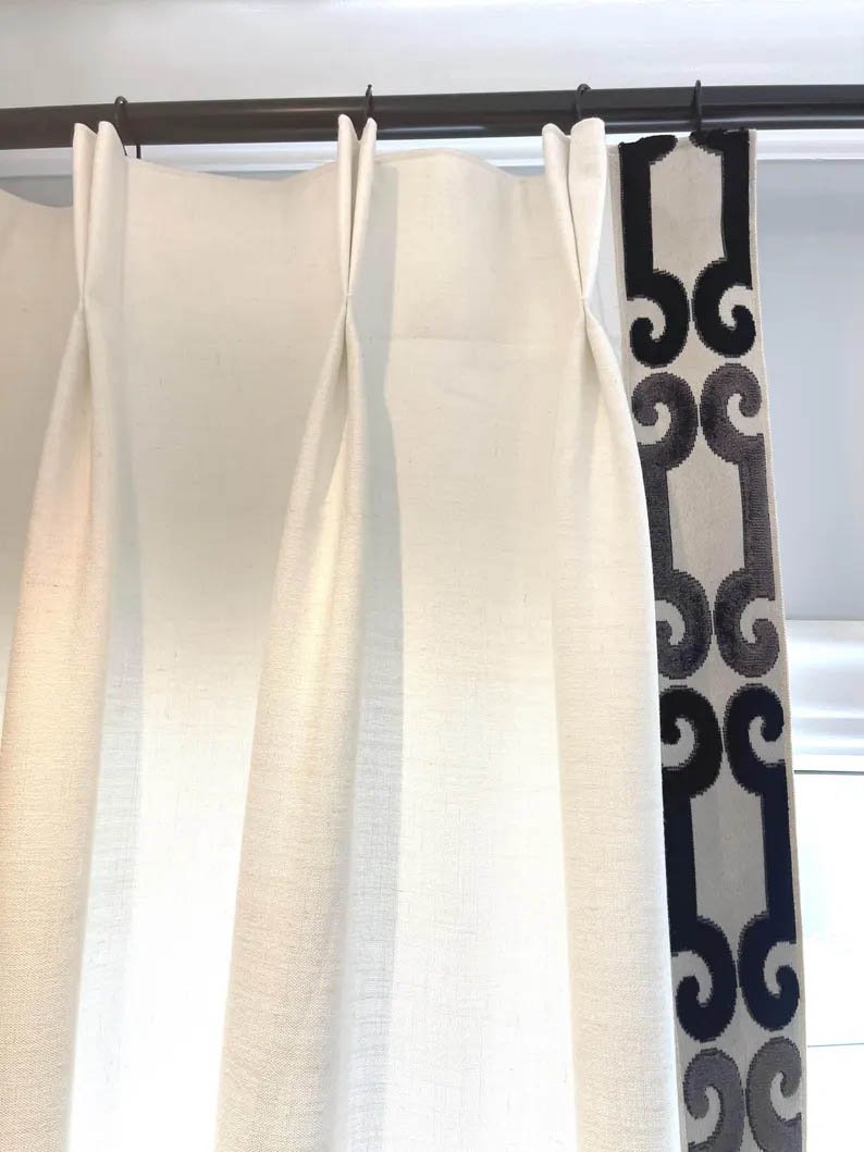 Linen Pinch Pleat drapes with trim tape many fabric colors curtains French pleated fretwork black trimming lining blackout privacy available