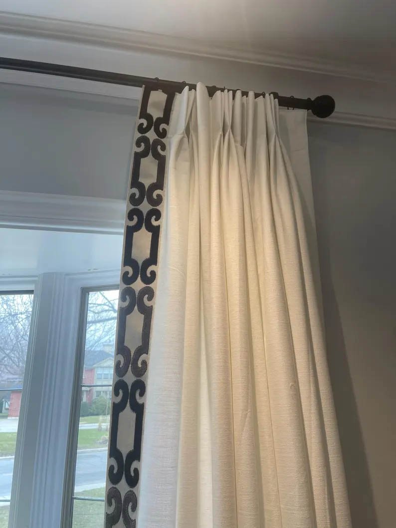 Linen Pinch Pleat drapes with trim tape many fabric colors curtains French pleated fretwork black trimming lining blackout privacy available