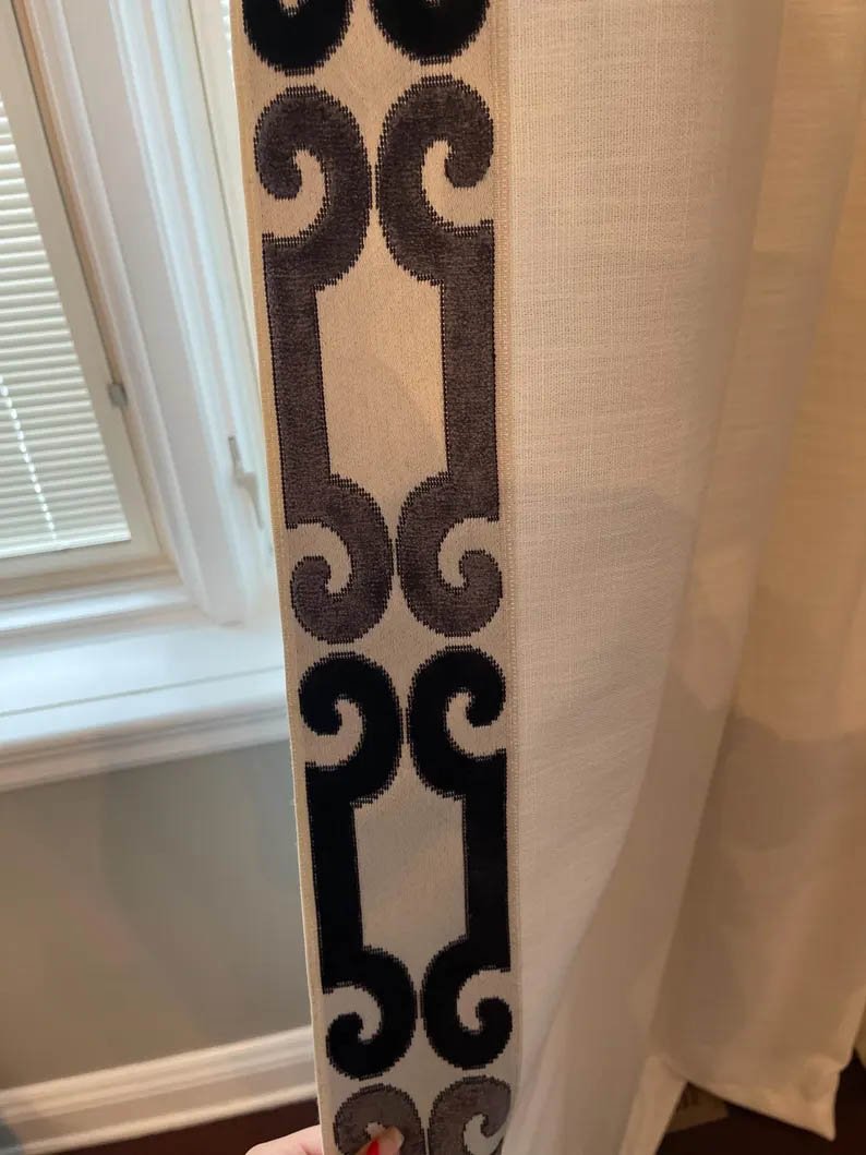 Linen Pinch Pleat drapes with trim tape many fabric colors curtains French pleated fretwork black trimming lining blackout privacy available