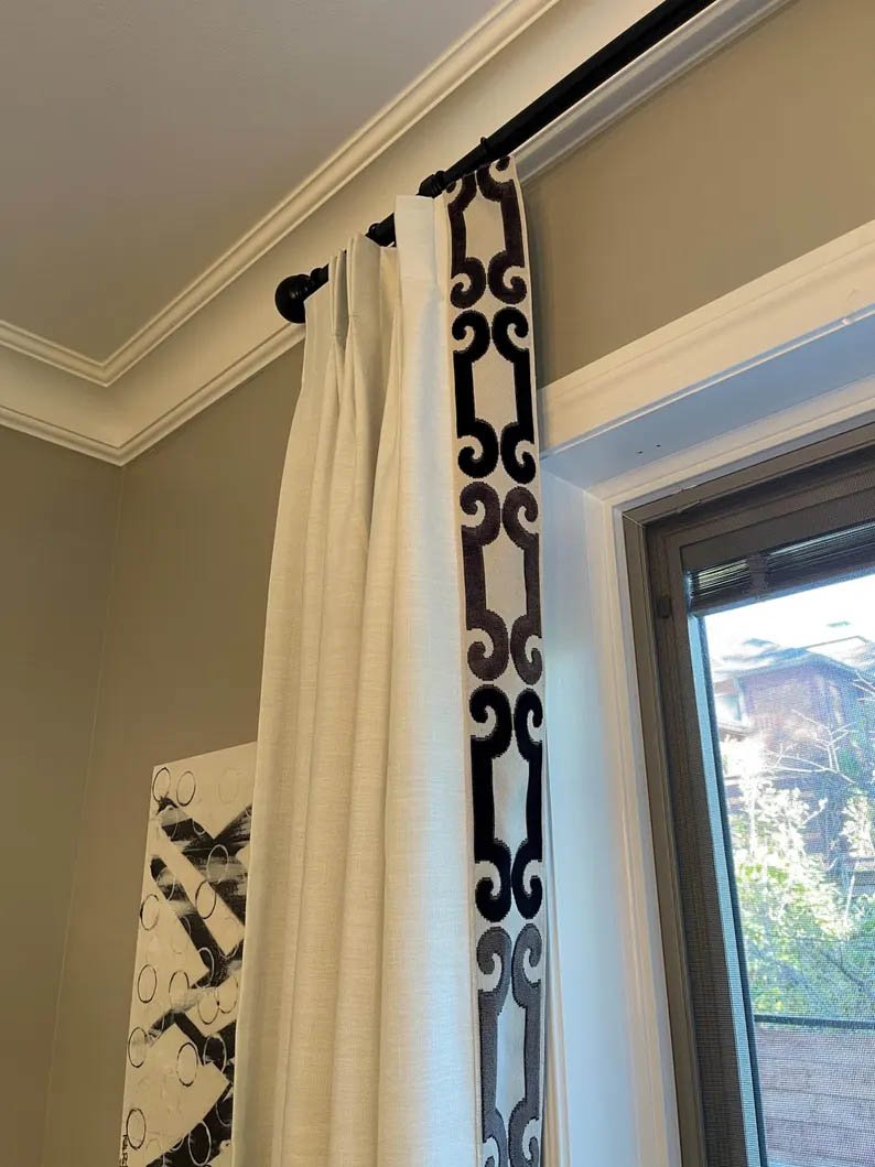 Linen Pinch Pleat drapes with trim tape many fabric colors curtains French pleated fretwork black trimming lining blackout privacy available