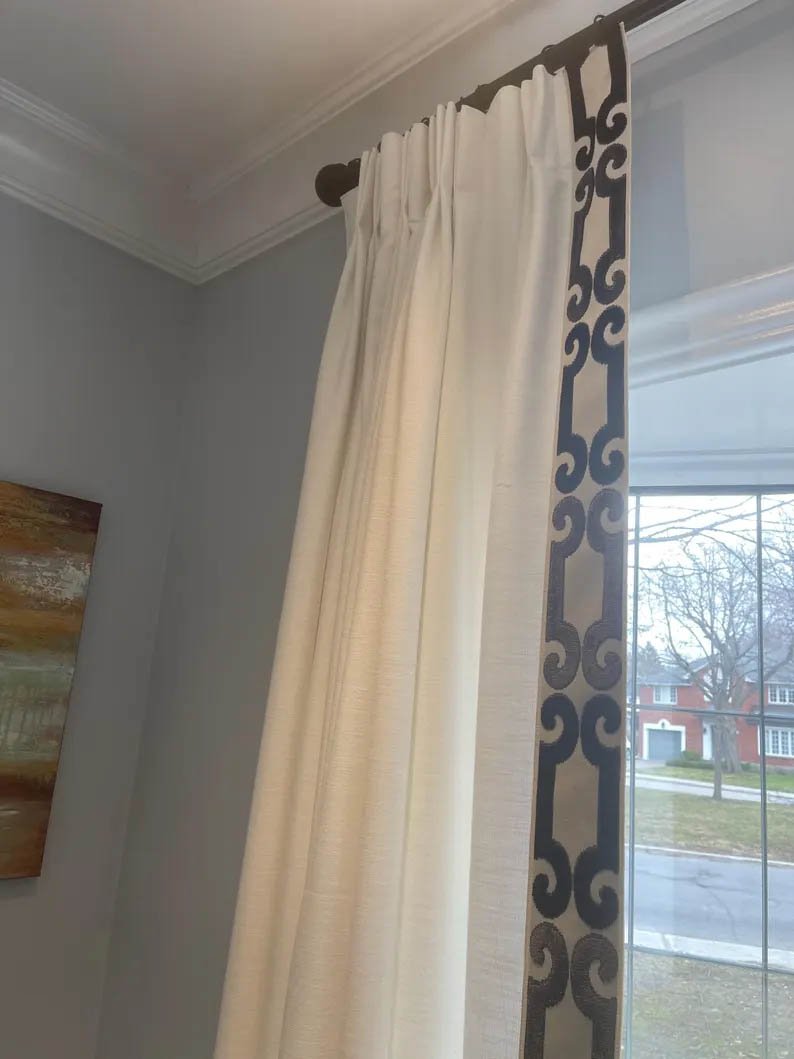 Linen Pinch Pleat drapes with trim tape many fabric colors curtains French pleated fretwork black trimming lining blackout privacy available