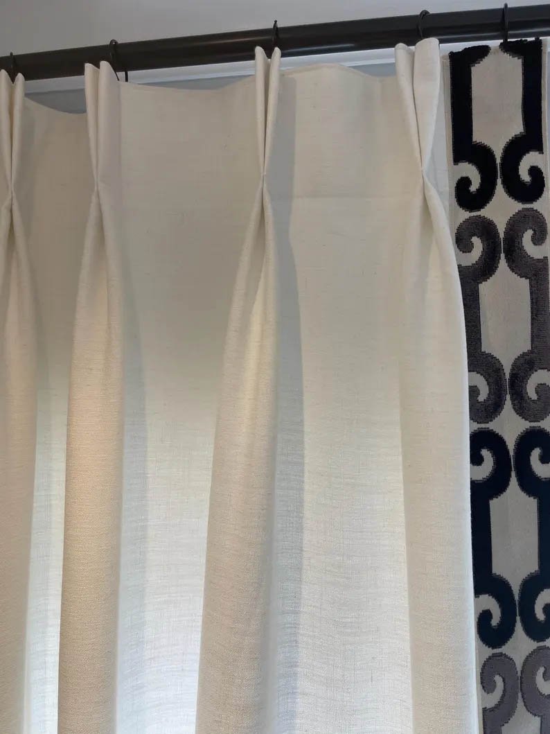 Linen Pinch Pleat drapes with trim tape many fabric colors curtains French pleated fretwork black trimming lining blackout privacy available