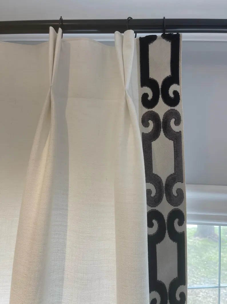 Linen Pinch Pleat drapes with trim tape many fabric colors curtains French pleated fretwork black trimming lining blackout privacy available