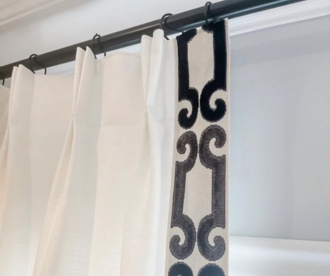 Pinch pleat Linen Mix Euro wt Tape Border Off white Linen blend black charcoal Trim Lined Curtain Panel Window treatment french drapery