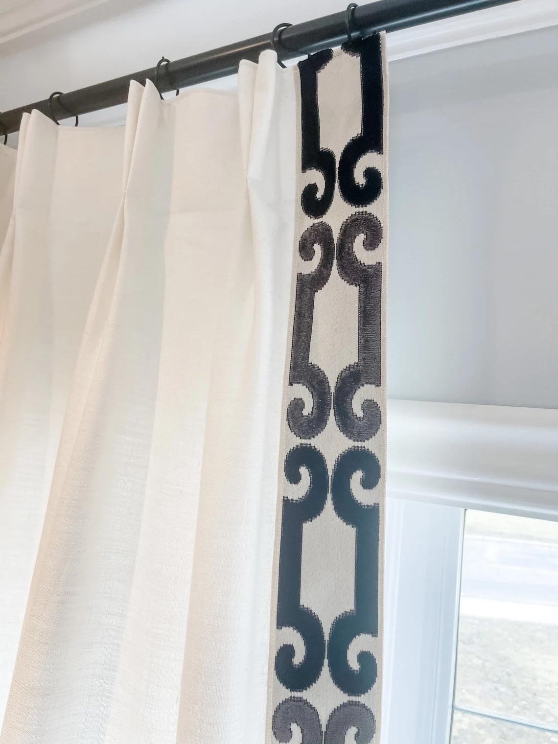 Pinch pleat Linen Mix Euro wt Tape Border Off white Linen blend black charcoal Trim Lined Curtain Panel Window treatment french drapery