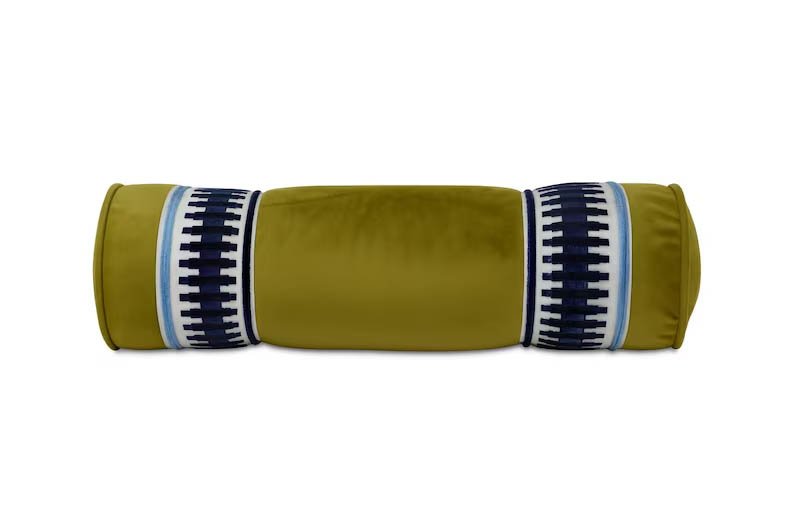 Apple Green Velvet Bolster Pillow – Navy & Cream Designer Tape – Round/Lumbar Pillow Cover – Custom Sizes – Elegant Decorative Cushion - Bed