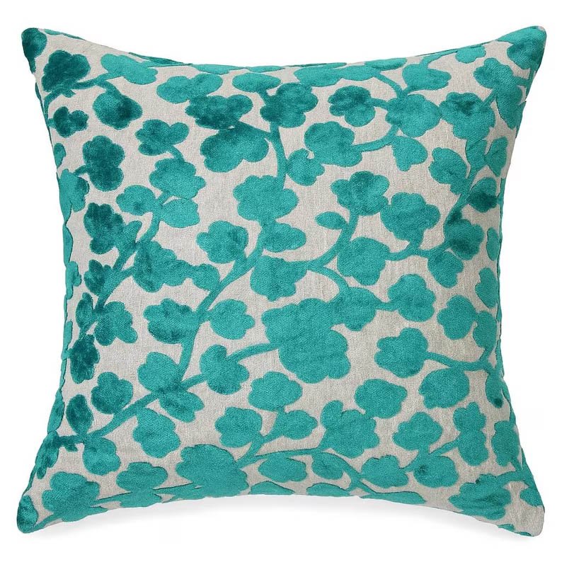 Designer Pillow cover teal peacock couture cut velvet floral bolster throw custom Piping high end decorative chinoiserie lumbar blossom
