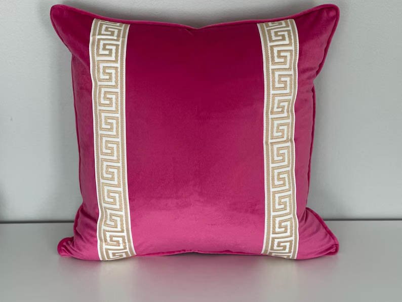 Designer Pillow cover hot pink Rasberry velvet Beige Greek Key trim tape lumbar bolster throw custom Piping high end decorative chinoiserie