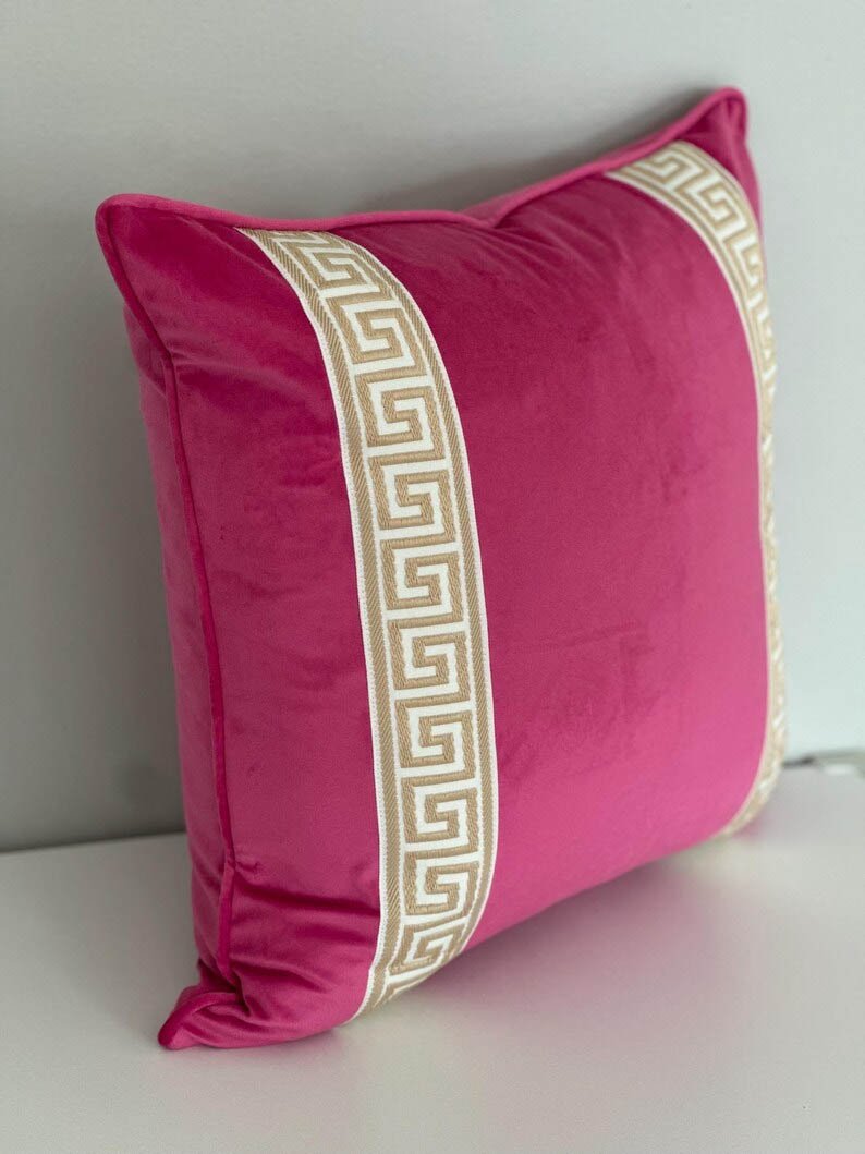 Designer Pillow cover hot pink Rasberry velvet Beige Greek Key trim tape lumbar bolster throw custom Piping high end decorative chinoiserie