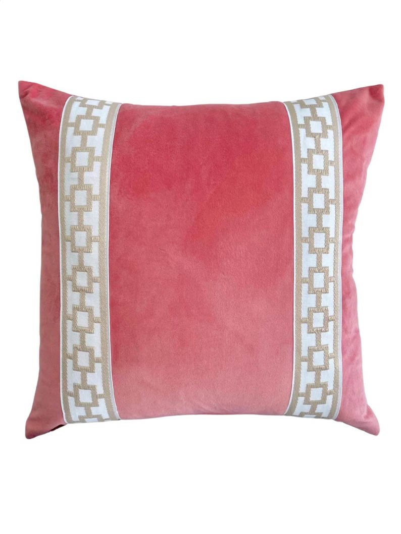 Designer Pillow cover spicy coral velvet beige Caroline trim tape fretwork lumbar bolster throw custom Piping highend decorative chinoiserie