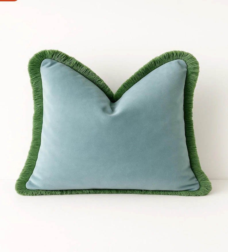 Fringe Velvet Pillow Cover – Light Blue with Sage Green Trim | Lumbar or Bolster Cover | Chinoiserie Decor | High-End Decorative Throw