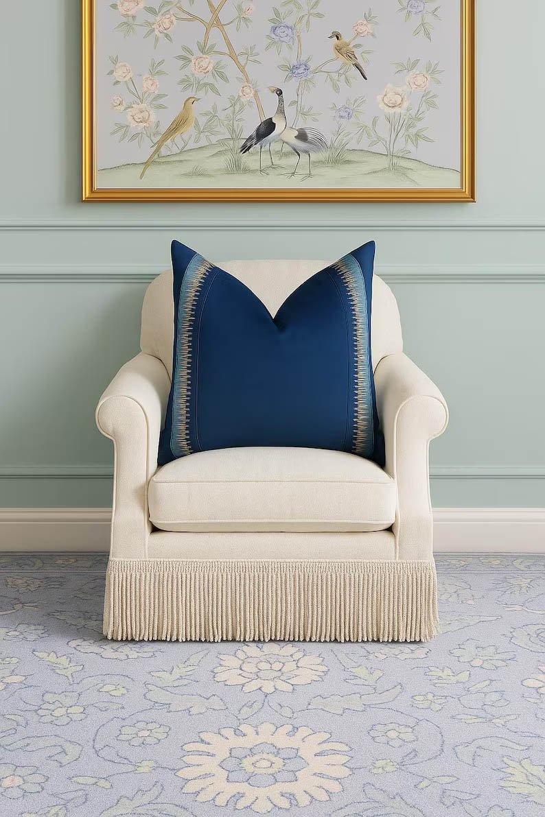 Designer Pillow cover trim tape navy blue Schumacher velvet Cover navy light blue lumbar bolster throw custom Piping high end decorative