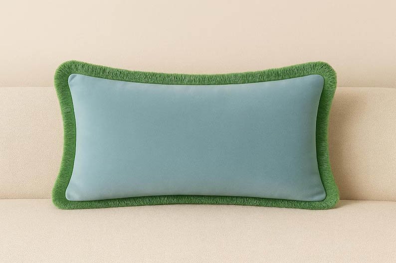 Fringe Velvet Pillow Cover – Light Blue with Sage Green Trim | Lumbar or Bolster Cover | Chinoiserie Decor | High-End Decorative Throw