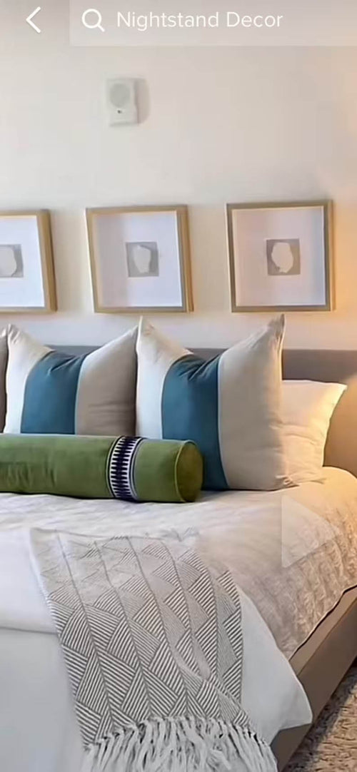 Apple Green Velvet Bolster Pillow – Navy & Cream Designer Tape – Round/Lumbar Pillow Cover – Custom Sizes – Elegant Decorative Cushion - Bed