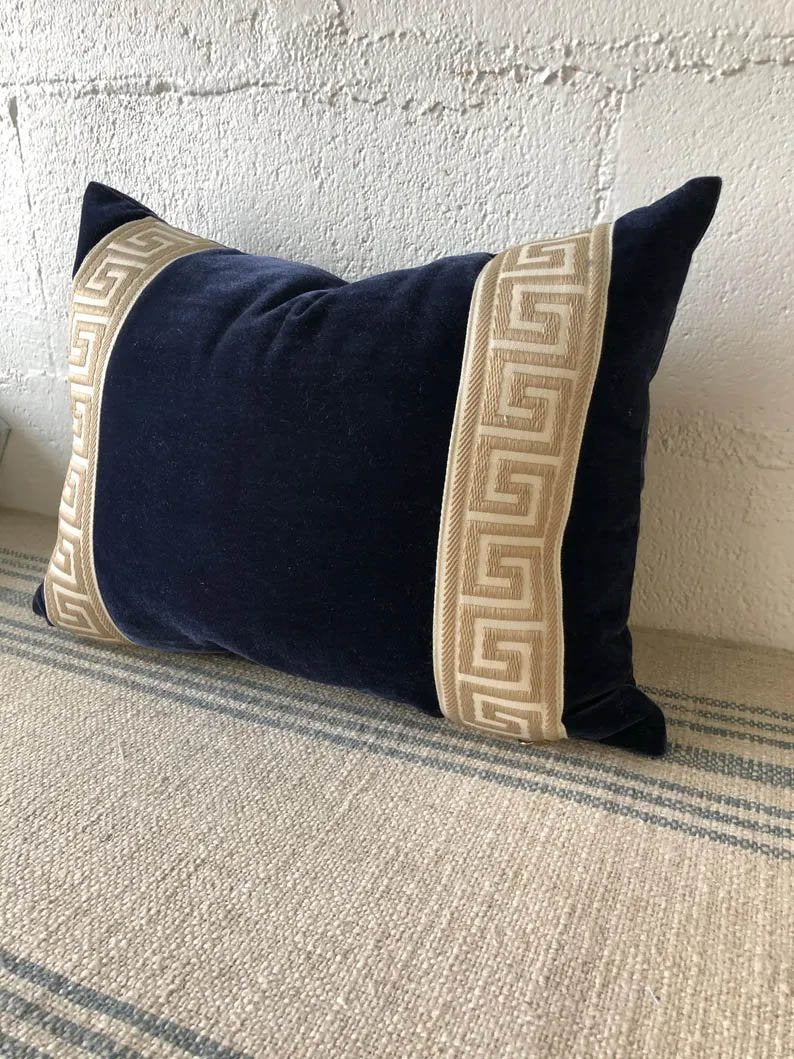 Designer Pillow cover Beige Greek Key navy blue trim tape velvet fretwork lumbar bolster throw custom Piping high end decorative chinoiserie