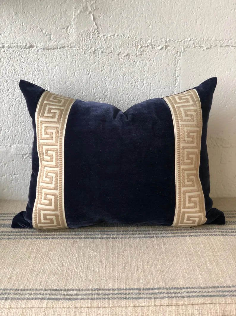 Designer Pillow cover Beige Greek Key navy blue trim tape velvet fretwork lumbar bolster throw custom Piping high end decorative chinoiserie