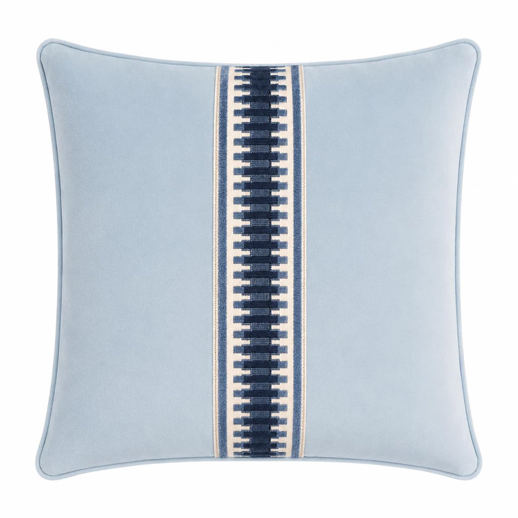 Light Blue Velvet Pillow Cover with Navy Fret Trim