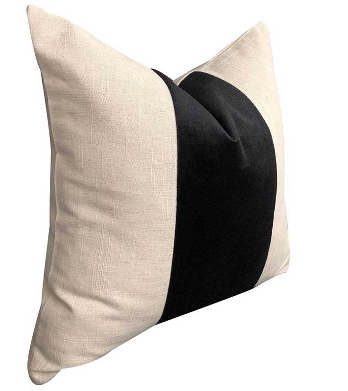 Black Velvet & Flax linen Colorblock Unique Designer Pillow Cover decorative  All Size Available 16" 18" 20" panel