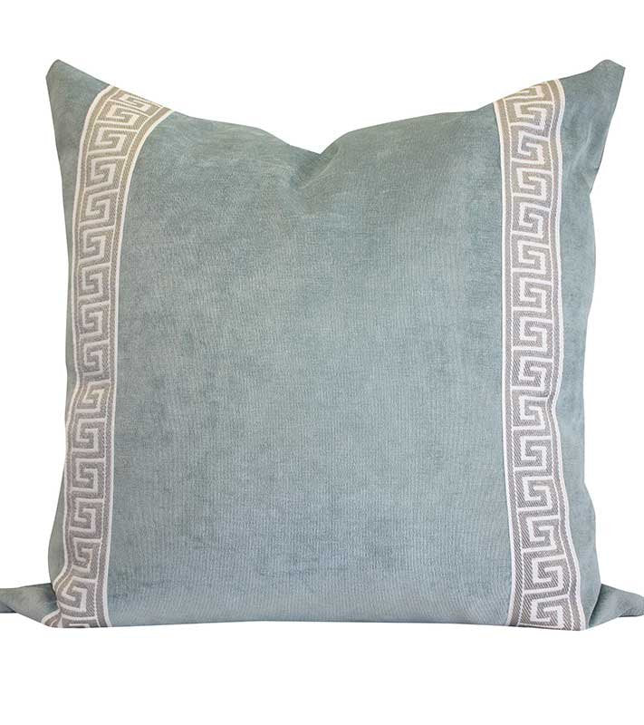 Designer sky blue Velvet Pillow Cover Grey White high end Greek key ribbon trim All Size Available Blue neutral hollywood regency