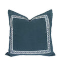 Designer slate blue Velvet Pillow navy cream tape fret work Link ribbon trim All Size Available neutral Hollywood Regency square